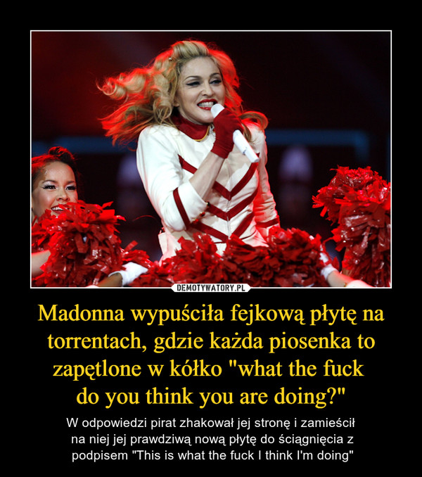 Madonna wypuściła fejkową płytę na torrentach, gdzie każda piosenka to zapętlone w kółko "what the fuck do you think you are doing?" – W odpowiedzi pirat zhakował jej stronę i zamieścił na niej jej prawdziwą nową płytę do ściągnięcia z podpisem "This is what the fuck I think I'm doing" 