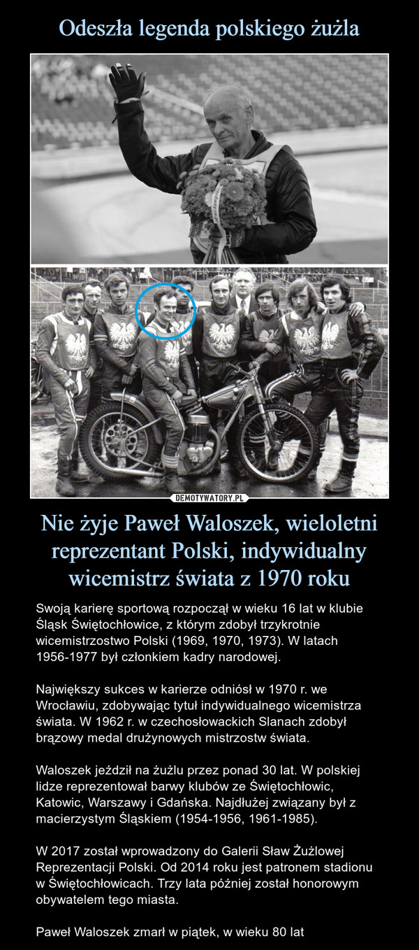 Odeszła legenda polskiego żużla Nie żyje Paweł Waloszek, wieloletni reprezentant Polski, indywidualny wicemistrz świata z 1970 roku