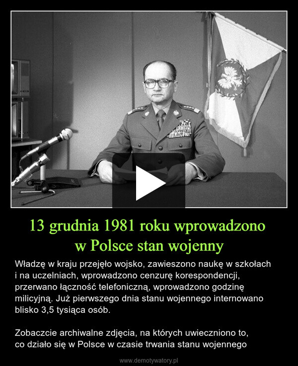 13 grudnia 1981 roku wprowadzono w Polsce stan wojenny – Władzę w kraju przejęło wojsko, zawieszono naukę w szkołach i na uczelniach, wprowadzono cenzurę korespondencji, przerwano łączność telefoniczną, wprowadzono godzinę milicyjną. Już pierwszego dnia stanu wojennego internowano blisko 3,5 tysiąca osób.Zobaczcie archiwalne zdjęcia, na których uwieczniono to, co działo się w Polsce w czasie trwania stanu wojennego 