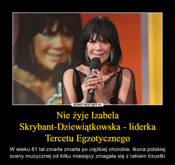 Nie żyje Izabela Skrybant-Dziewiątkowska - liderka Tercetu Egzotycznego – W wieku 81 lat zmarła zmarła po ciężkiej chorobie. Ikona polskiej sceny muzycznej od kilku miesięcy zmagała się z rakiem trzustki 