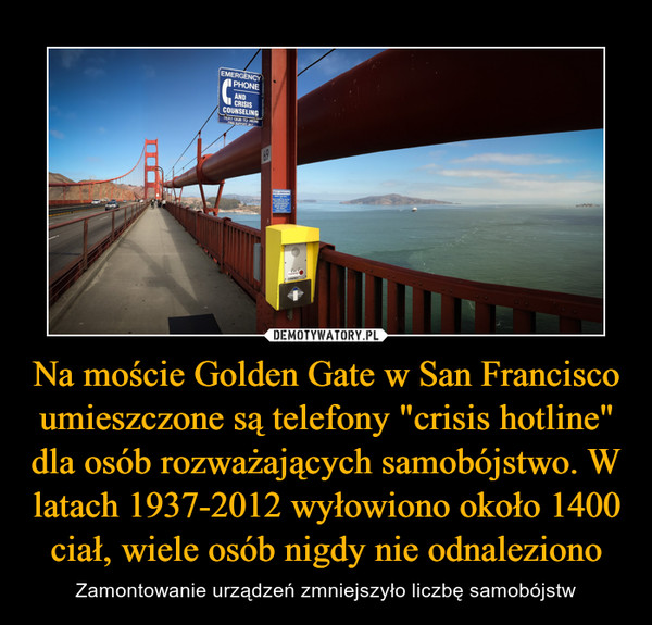 Na moście Golden Gate w San Francisco umieszczone są telefony "crisis hotline" dla osób rozważających samobójstwo. W latach 1937-2012 wyłowiono około 1400 ciał, wiele osób nigdy nie odnaleziono – Zamontowanie urządzeń zmniejszyło liczbę samobójstw 