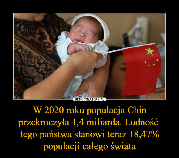 W 2020 roku populacja Chin przekroczyła 1,4 miliarda. Ludność tego państwa stanowi teraz 18,47% populacji całego świata –  