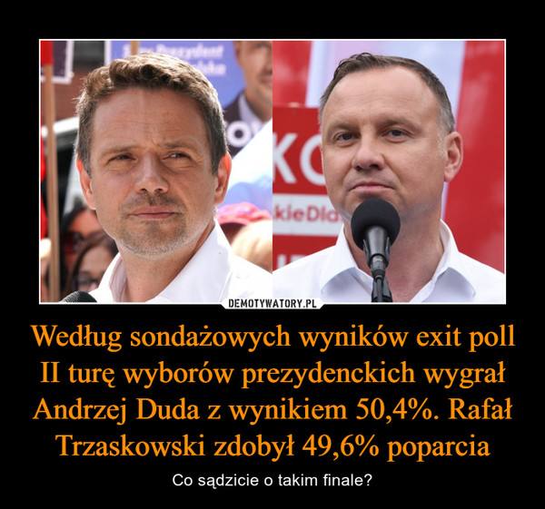 Według sondażowych wyników exit poll II turę wyborów prezydenckich wygrał Andrzej Duda z wynikiem 50,4%. Rafał Trzaskowski zdobył 49,6% poparcia