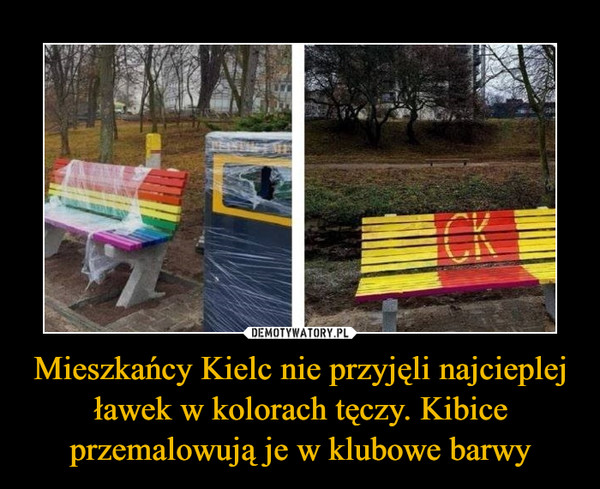 Mieszkańcy Kielc nie przyjęli najcieplej ławek w kolorach tęczy. Kibice przemalowują je w klubowe barwy