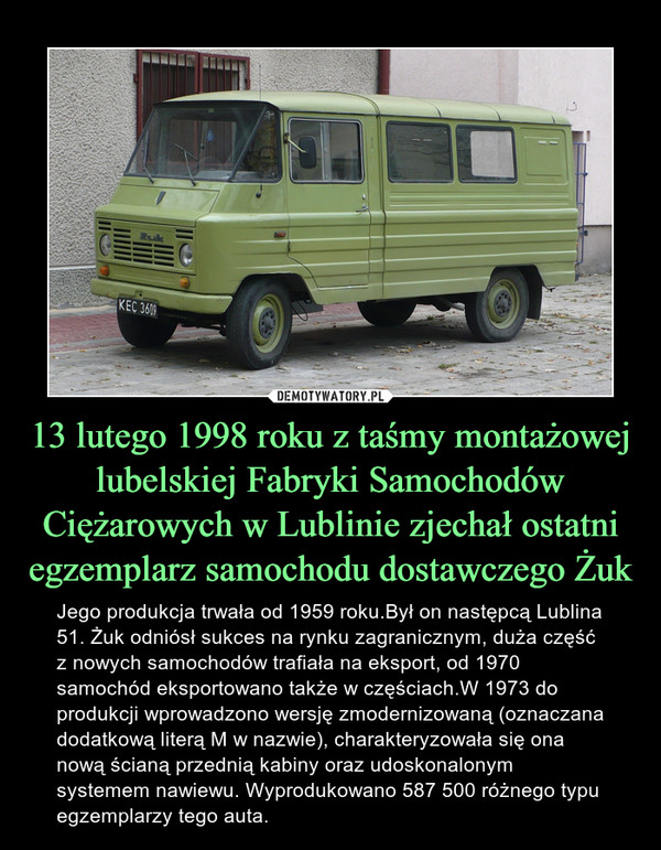13 lutego 1998 roku z taśmy montażowej lubelskiej Fabryki Samochodów Ciężarowych w Lublinie zjechał ostatni egzemplarz samochodu dostawczego Żuk