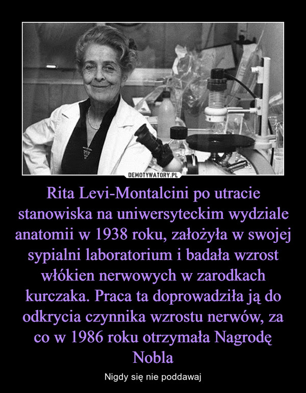 Rita Levi-Montalcini po utracie stanowiska na uniwersyteckim wydziale anatomii w 1938 roku, założyła w swojej sypialni laboratorium i badała wzrost włókien nerwowych w zarodkach kurczaka. Praca ta doprowadziła ją do odkrycia czynnika wzrostu nerwów, za co w 1986 roku otrzymała Nagrodę Nobla – Nigdy się nie poddawaj 
