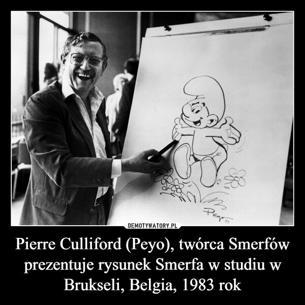 Pierre Culliford (Peyo), twórca Smerfów prezentuje rysunek Smerfa w studiu w Brukseli, Belgia, 1983 rok