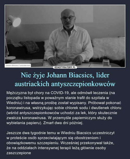Nie żyje Johann Biacsics, lider austriackich antyszczepionkowców