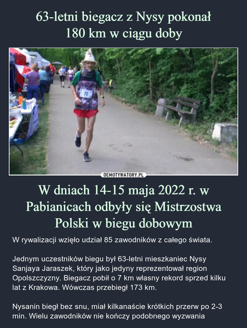 63-letni biegacz z Nysy pokonał
180 km w ciągu doby W dniach 14-15 maja 2022 r. w Pabianicach odbyły się Mistrzostwa Polski w biegu dobowym