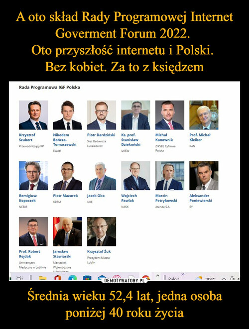 A oto skład Rady Programowej Internet Goverment Forum 2022. 
Oto przyszłość internetu i Polski. 
Bez kobiet. Za to z księdzem Średnia wieku 52,4 lat, jedna osoba poniżej 40 roku życia