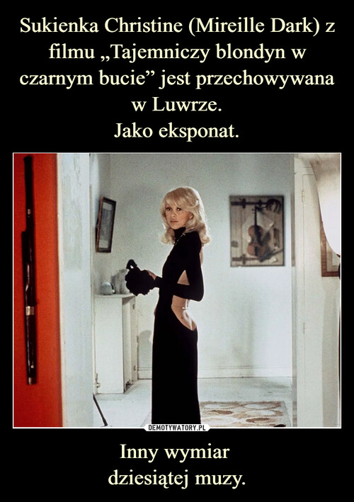 Sukienka Christine (Mireille Dark) z filmu „Tajemniczy blondyn w czarnym bucie” jest przechowywana w Luwrze.
Jako eksponat. Inny wymiar 
dziesiątej muzy.