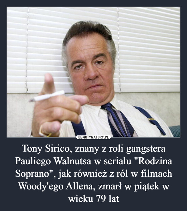 Tony Sirico, znany z roli gangstera Pauliego Walnutsa w serialu "Rodzina Soprano", jak również z ról w filmach Woody'ego Allena, zmarł w piątek w wieku 79 lat –  