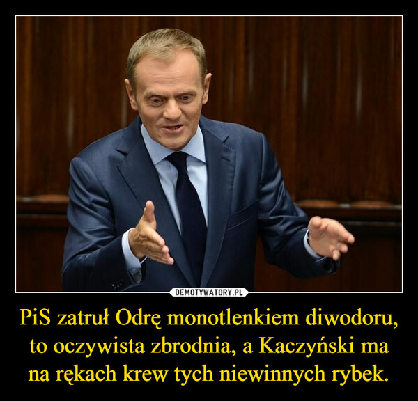 PiS zatruł Odrę monotlenkiem diwodoru, to oczywista zbrodnia, a Kaczyński ma na rękach krew tych niewinnych rybek. –  