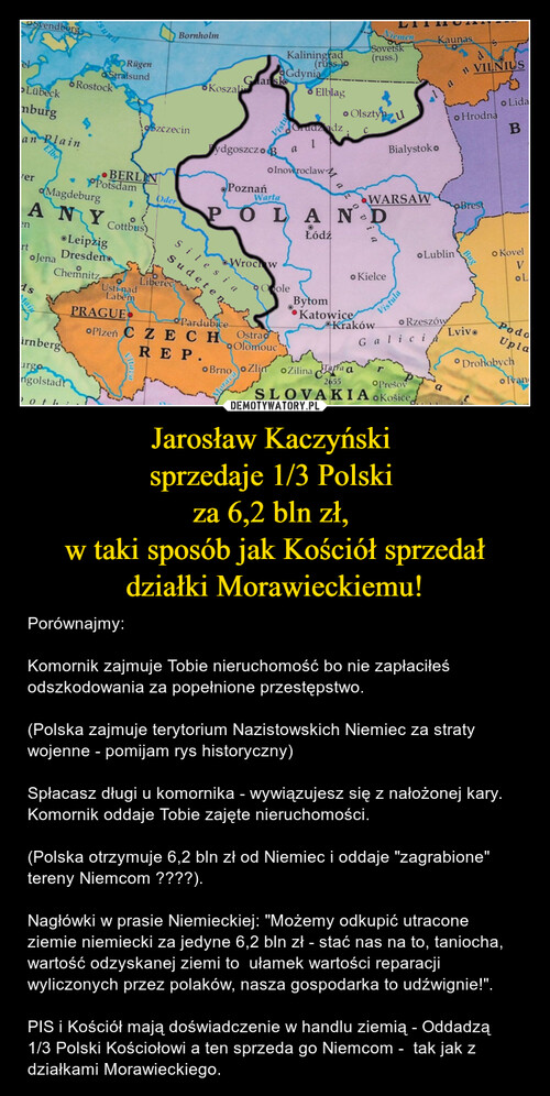 Jarosław Kaczyński 
sprzedaje 1/3 Polski 
za 6,2 bln zł, 
w taki sposób jak Kościół sprzedał działki Morawieckiemu!