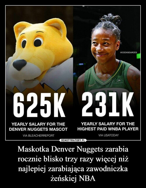 Maskotka Denver Nuggets zarabia rocznie blisko trzy razy więcej niż najlepiej zarabiająca zawodniczka żeńskiej NBA