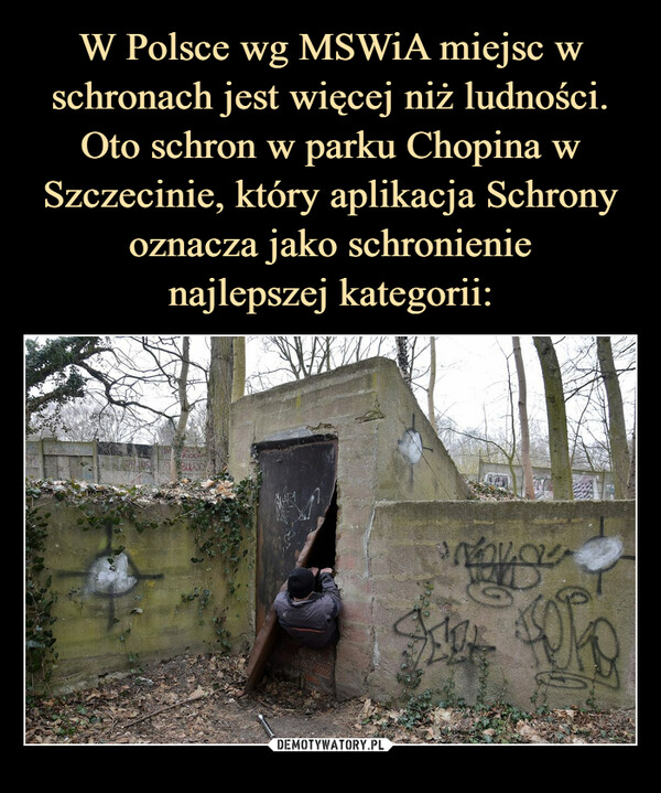 W Polsce wg MSWiA miejsc w schronach jest więcej niż ludności. Oto schron w parku Chopina w Szczecinie, który aplikacja Schrony oznacza jako schronienie
najlepszej kategorii: