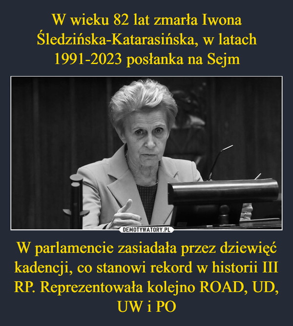 W parlamencie zasiadała przez dziewięć kadencji, co stanowi rekord w historii III RP. Reprezentowała kolejno ROAD, UD, UW i PO –  